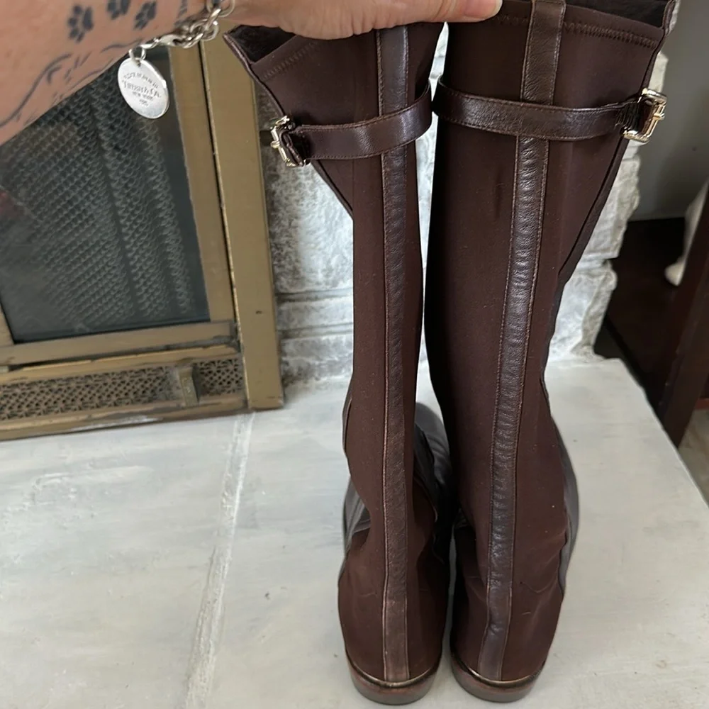 Coach Lilac Tall Boots Brown Leather Fabric Stretch Panel Size 10 Buckle Classy - Picture 11 of 16